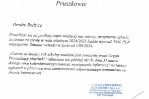 Zmiana stawki czesnego w roku szkolnym 2024/2025